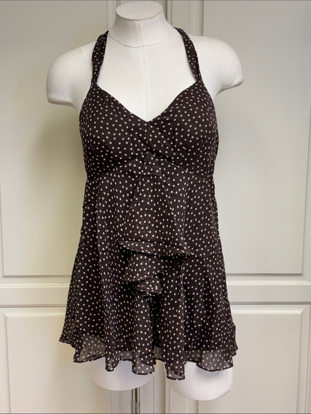 INC International Concepts SILK Brown Polka Dot Halter Babydoll Camisole